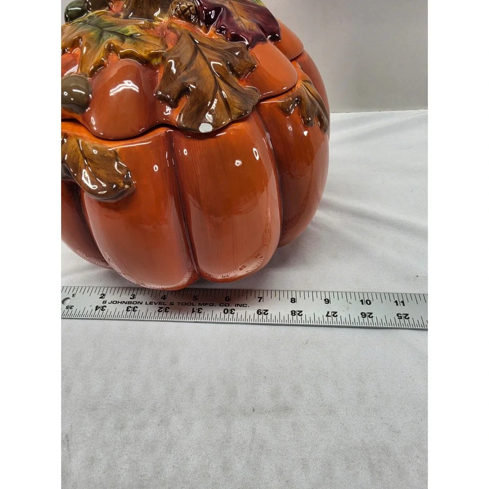 Ceramic Pumpkin Cookie Jar Fall Harvest Orange Glazed Lidded Canister Acorn Leaf